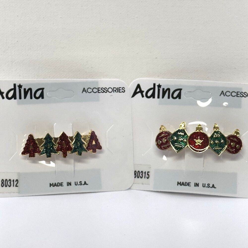 Vintage Christmas Hair Clip Set of 2 Red Green Trees Ornaments Enamel Gold Tone